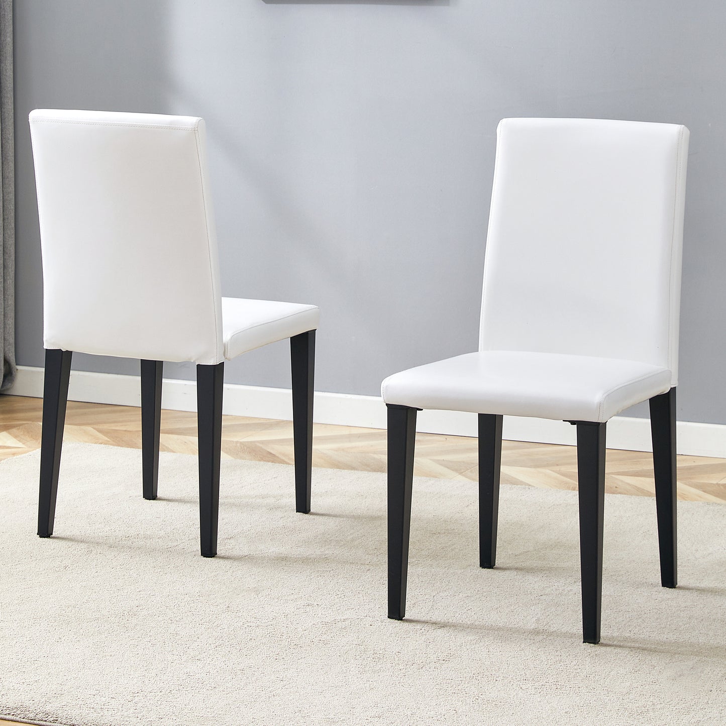 Set Of 2 White PU Dining Chairs 35.4in High, 18.5in Ergonomic Backrest, 17in X 16in Sponge Seat, Perfect For Dining Room, Home Office & Living Space, Stylish & Comfortable.Black Metal Leg.
