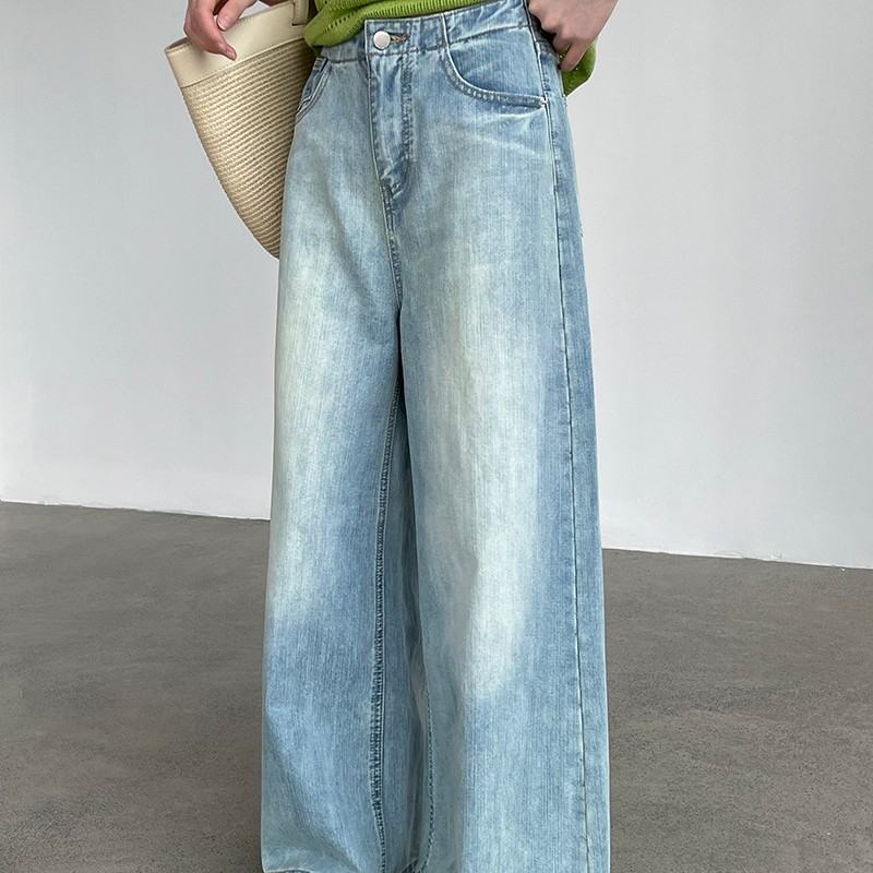 Korean-style High-waisted Wide-leg Denim Jeans For Women