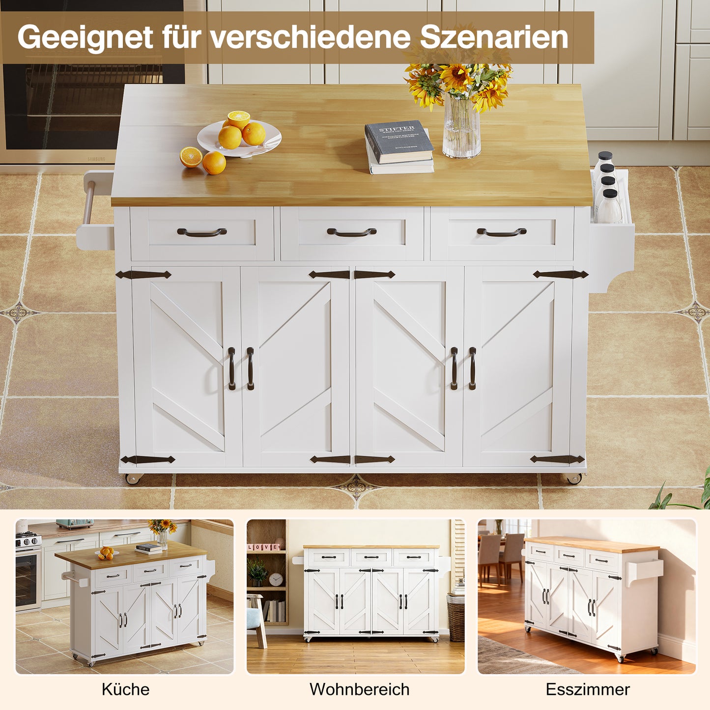 Kitchen Island With Folding Worktop, Equipped With 5 Lockable Castors, 4 Doors, 3 Drawers, Double-sided Towel Rails, Barn Style Design, White, 140x43 X90.5 Cm.