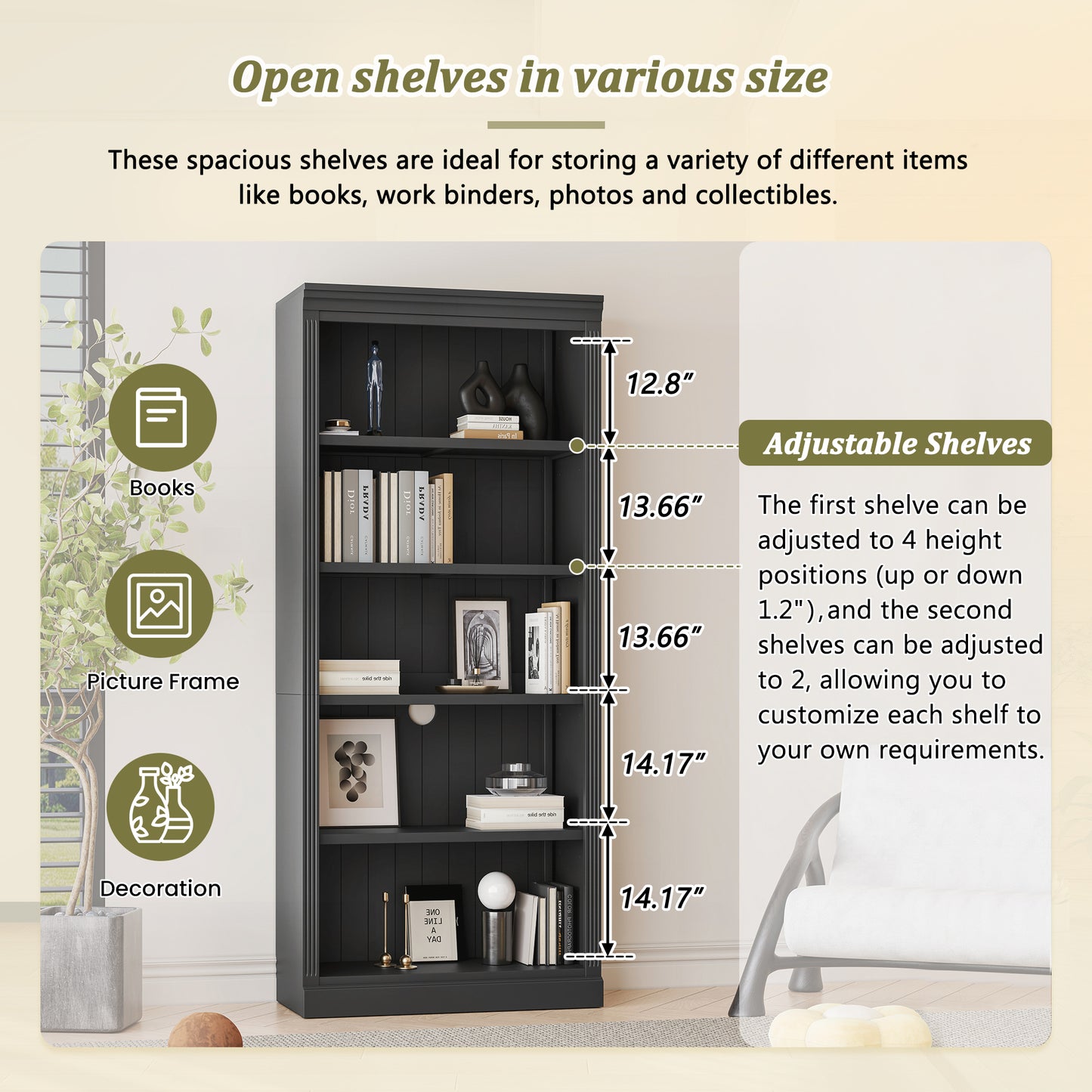 83.4 Tall Wood Bookcase With Light Strip,5-Tier Decor Bookshelves With Adjustable Shelves,Storage Organizer For CDs Books Movies,Free Standing Storage Shelves For Living Room,Home Office,Black