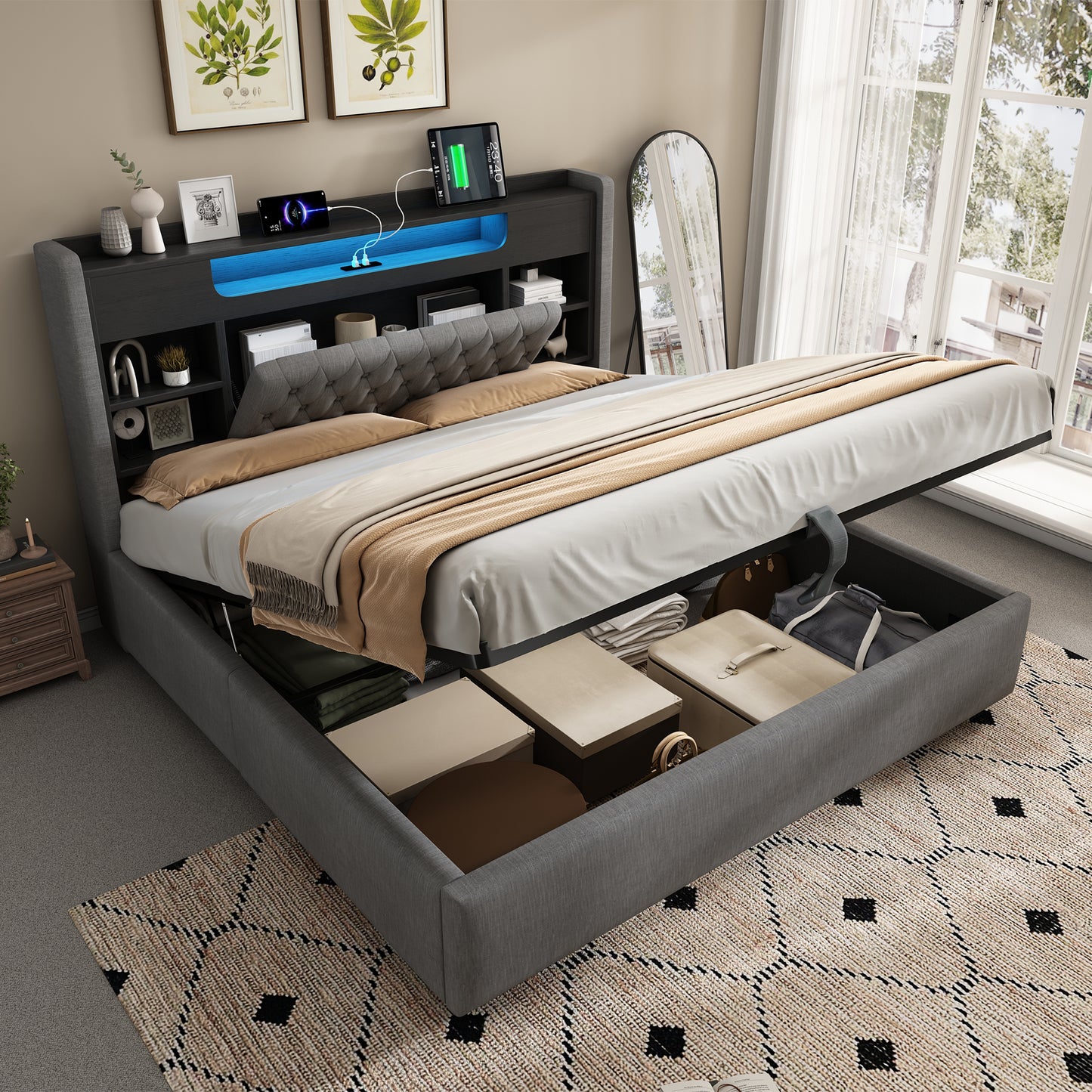 Upholstered Bed 140x200cm With Hydraulic Bed Base & LED Lighting, Bed Frame With USB Type-C Charging Function, Headboard With Shelf & Storage Space, Linen Fabric, Grey  Without Mattress