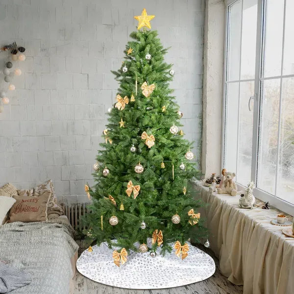 7.5 FT Artificial Christmas Tree With DIY 400 Warm White LED Lights, Hinged Xmas Pine Tree With Tree Skirt And Holiday Ornaments For Holiday Party Office Home, Green Tree & Golden Decor