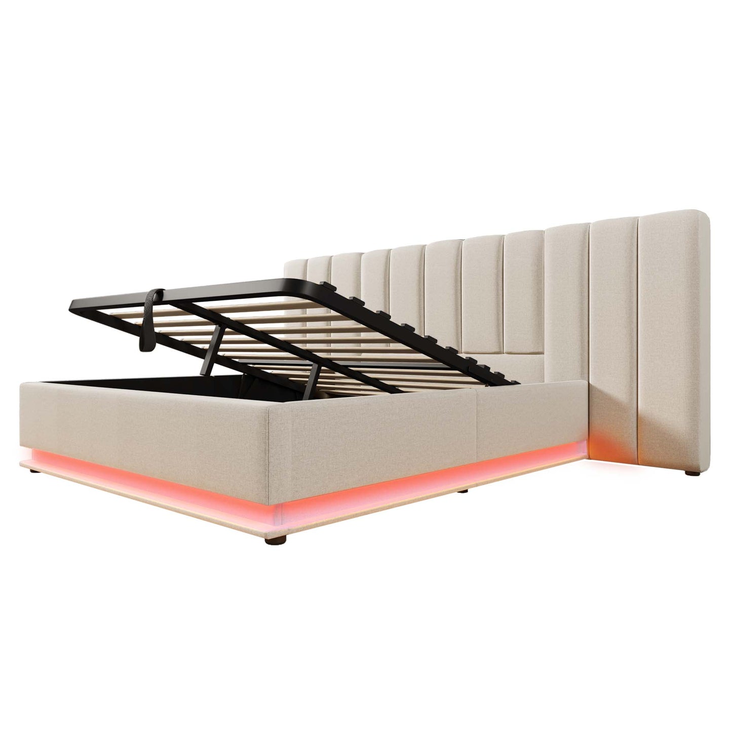 Upholstered Bed 160x200, Double Bed Storage Bed With App Control LED And USB-C Charging Function, Bed Frame With Slatted Base, Linen, Beige, Without Mattress And Bedside Table