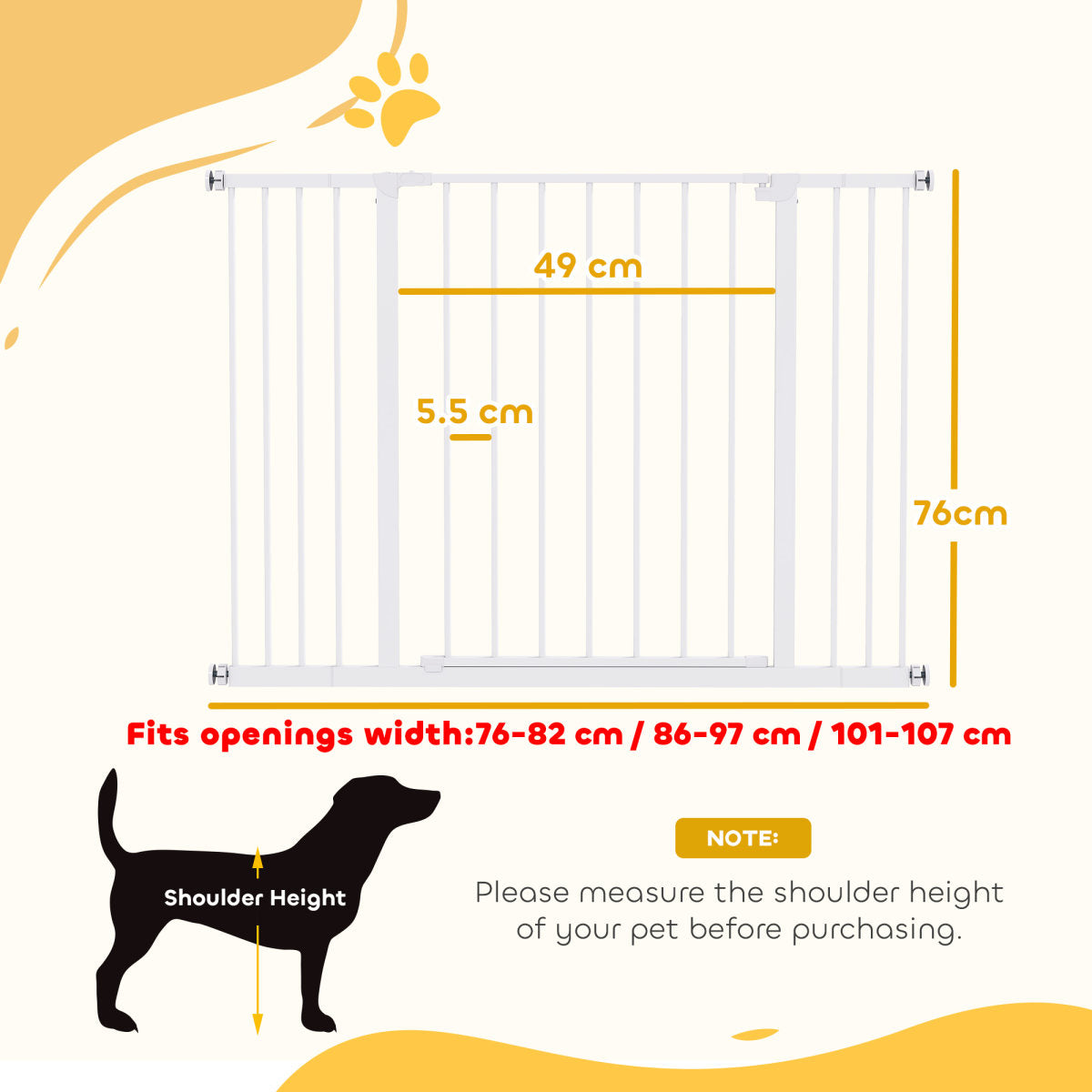 PawHut Dog Gate Pet Safety Gate Stair Barrier Pressure Fit Adjustable 76-82/86-97/101-107 Cm, White
