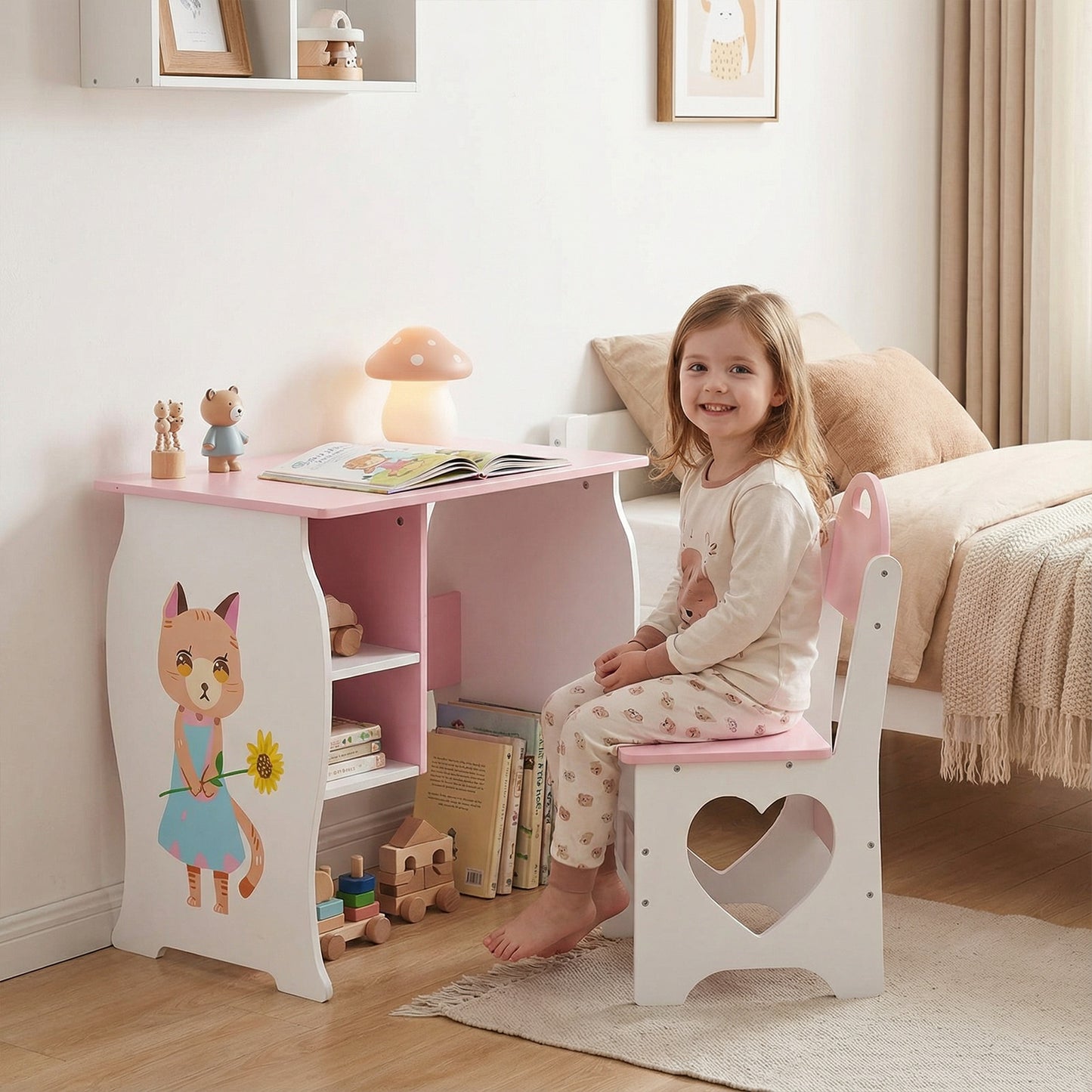 Kids Desk And Chair Set Children Study Desk With Storage Shelf Wooden Study Table And Chair For Home School Use