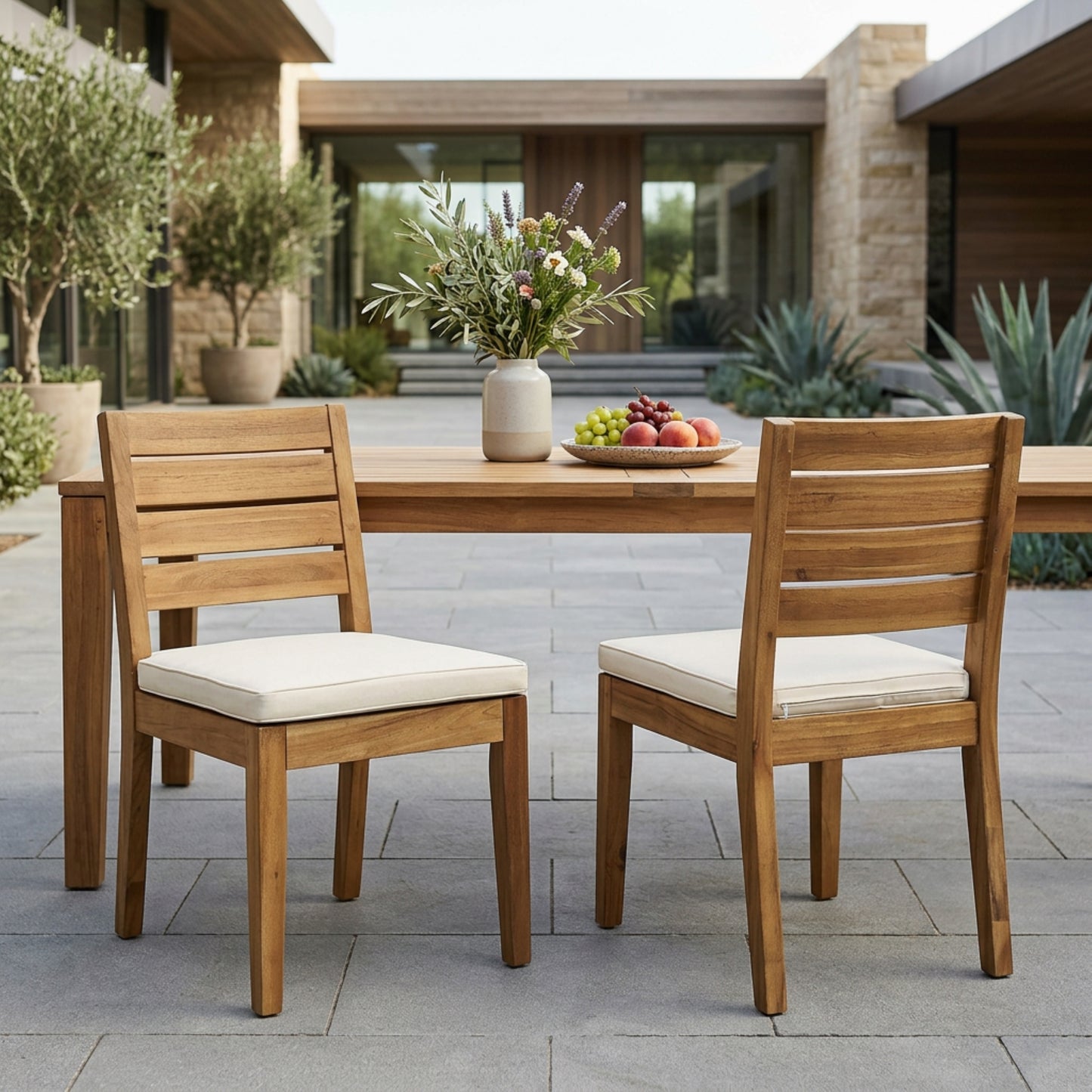 Outdoor Armless Dining Chair With Cushions Set Of 2 ,Natural And Beige
