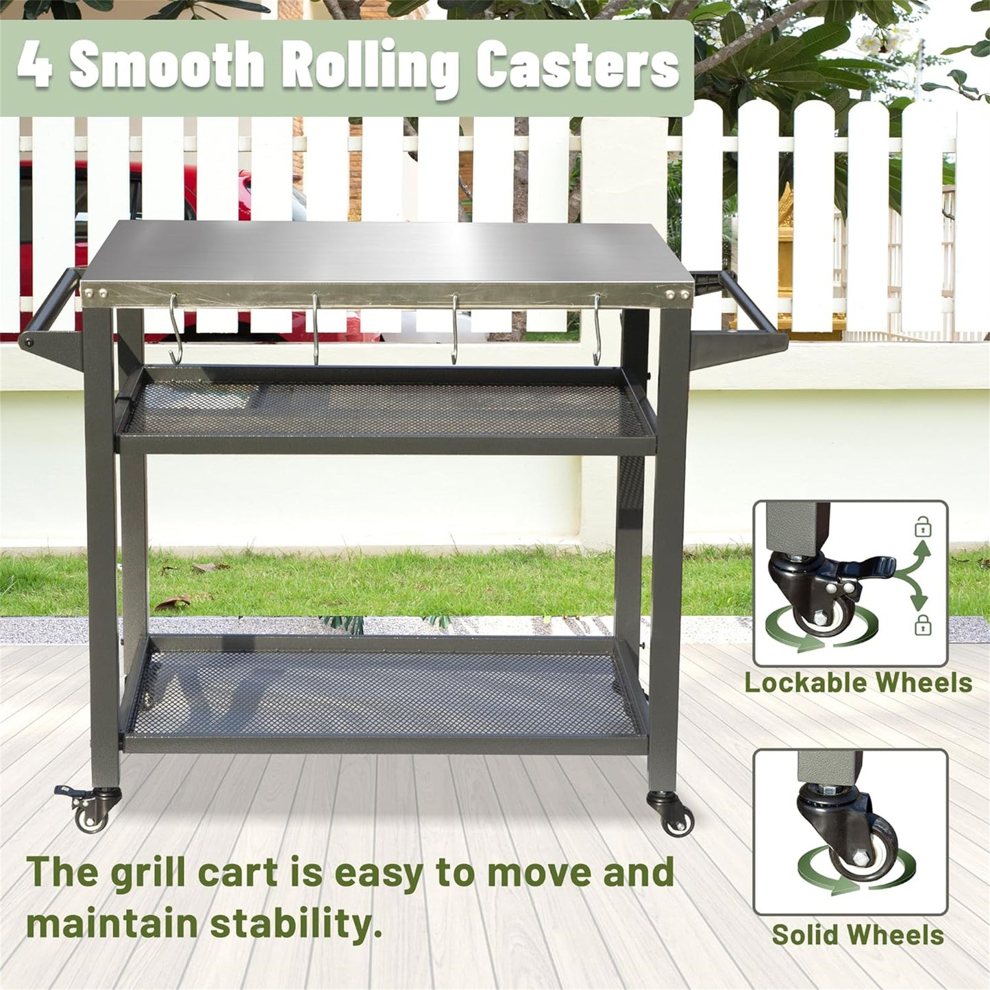 3-Shelf Outdoor Grill Table, Grill Cart With Wheels, Outdoor Pizza Oven And Food Prep Table, Blackstone Table With Stainless Steel Tabletop, Grill Stand For Blackstone Griddle For Outside BBQ