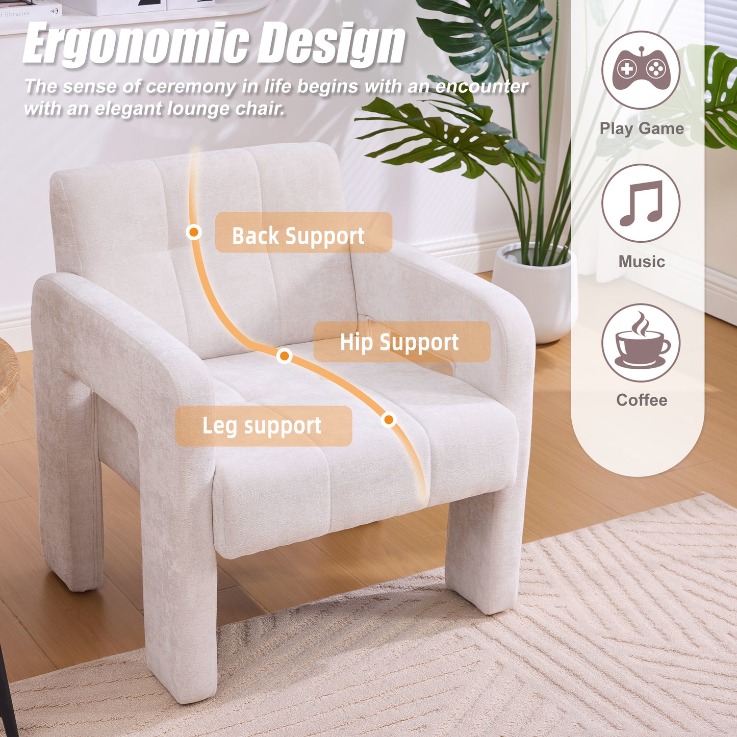 Modern Minimalist Casual Single Armchair Living Room, Bedroom, Office Area Upholstered Chair Comfortable Padded Armchair Nordic Style Casual Seating