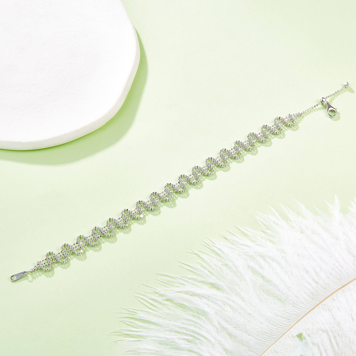 S925 Sterling Silver Wavy Chain Bracelet 19cm Adjustable 8.0mm Wide Clover Links Platinum Plated Fashion Gift Box