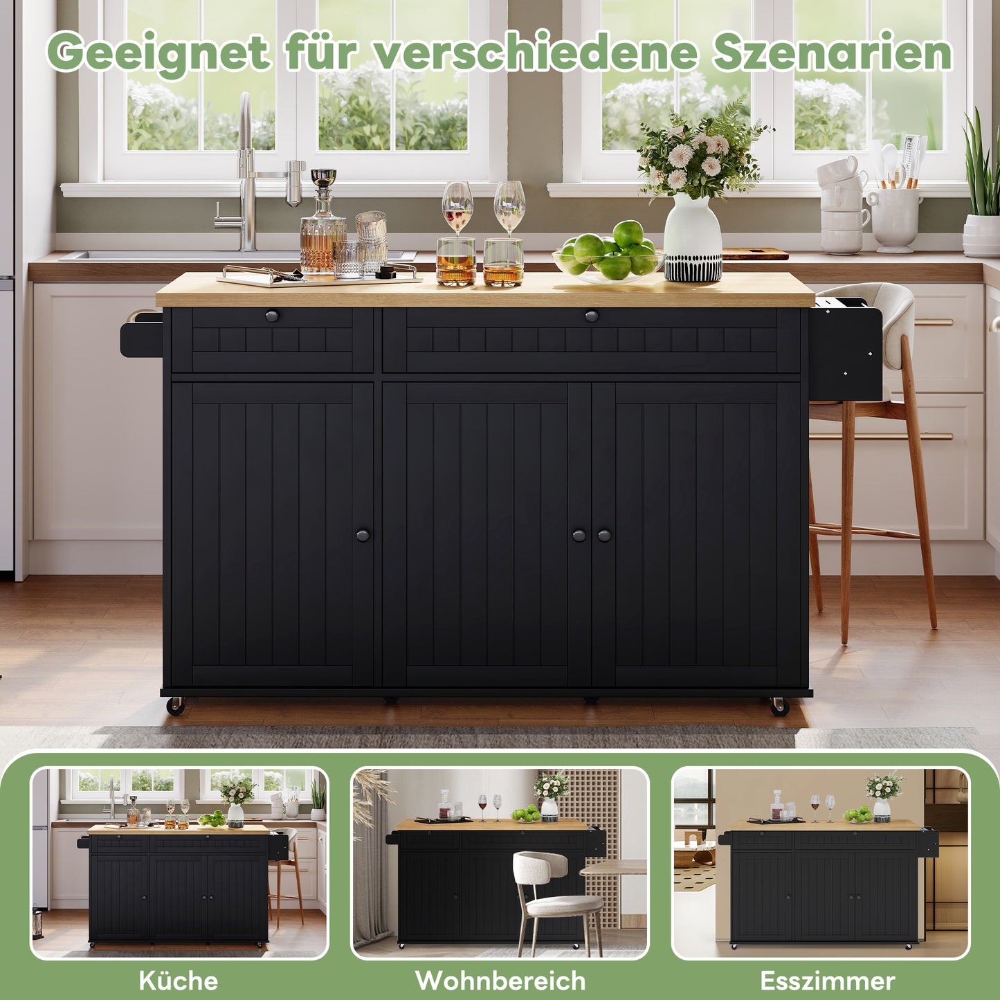 Kitchen Island With Folding Worktop, Kitchen Cabinet On 6 Lockable Castors, With Shelf, Door Shelf, 2 Large Drawers And Cabinet, Black, 137 X 89.5 X 45 Cm