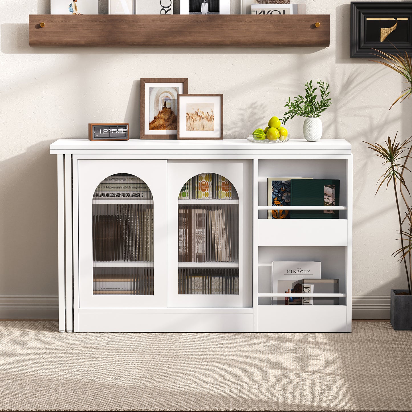 Modern Bar Table, Extendable 360 Swivel Bar Table With Storage, Reversible Table Sideboard Bar With Glass Cabinet Door, Bar Table For Kitchen Coffee Bar Furniture, White