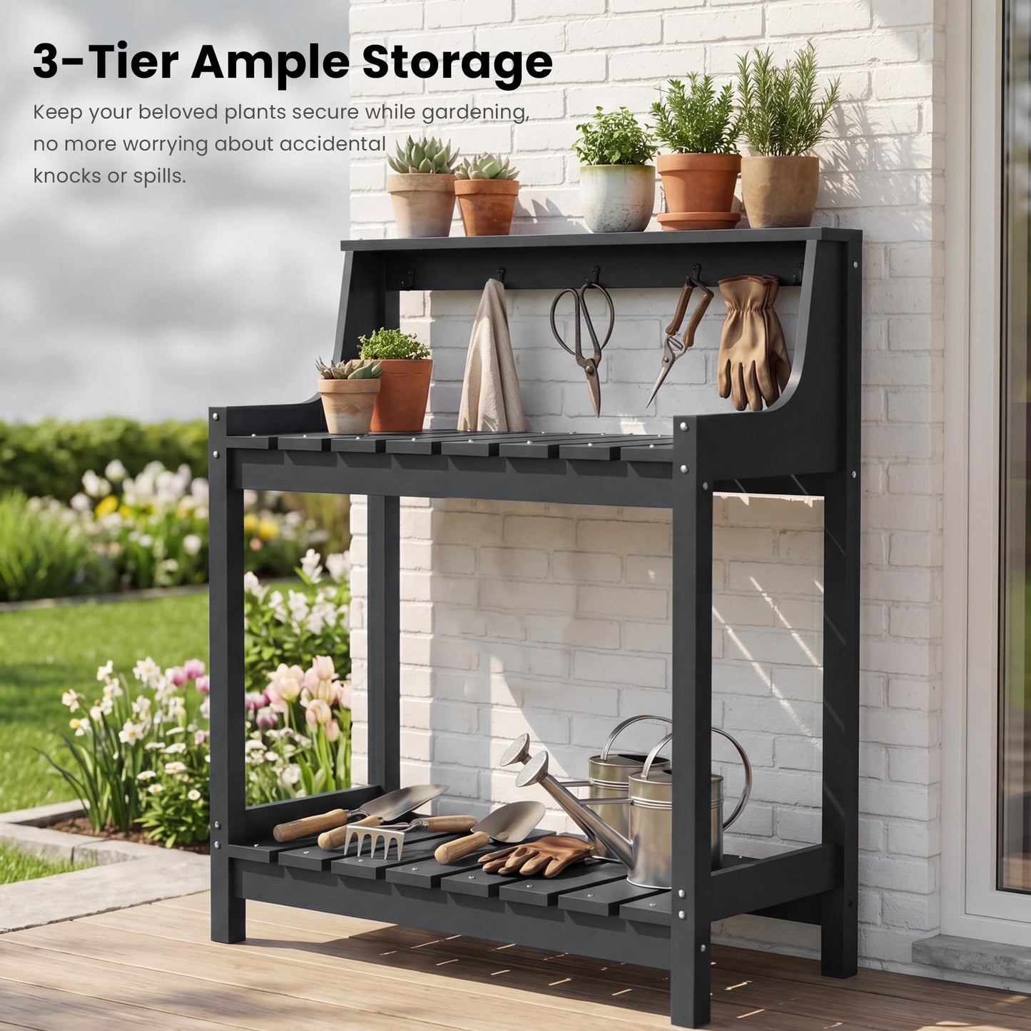 Potting Benches For Outside, HDPE Garden Potting Table All Weather, Outdoor Potting Table With Storage For Patio, Backyard, Garden, Grey