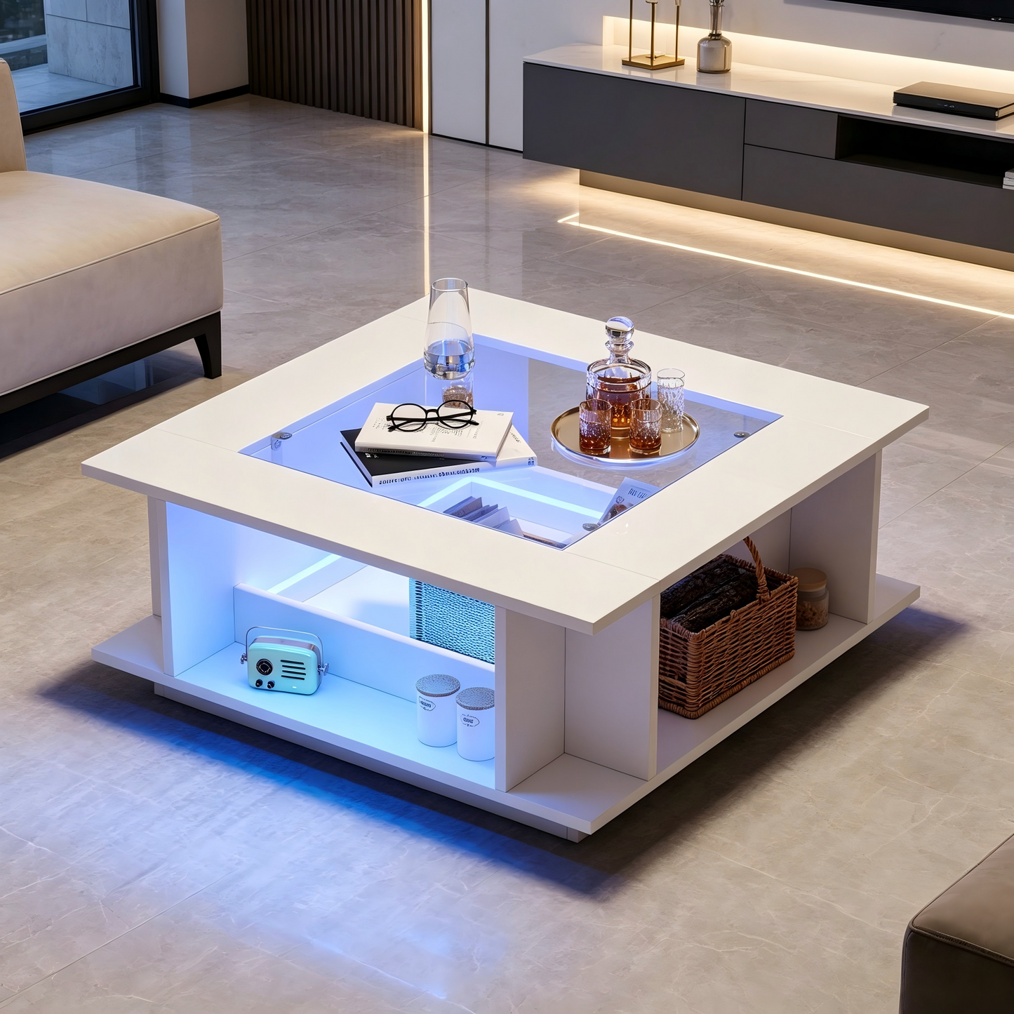 Coffee Table 70x70x30 Cm, Square Coffee Table In White With Glass Top, High-gloss Surface & LED Lighting, Side Table, Coffee Table, Living Room Table Made Of Chipboard, Loadable Up To 30 Kg
