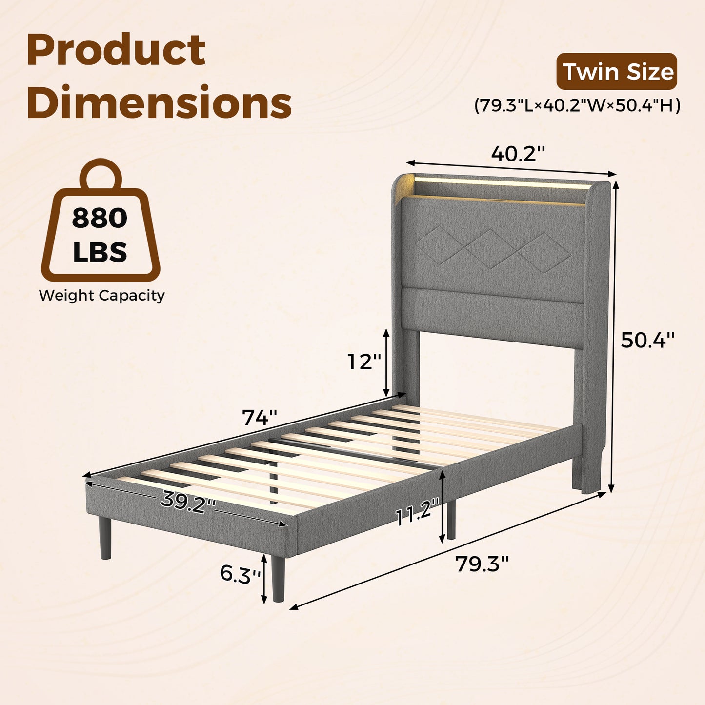 A Double Bed Frame With Adjustable Headboard, Equipped With 3 USB Charging Ports, LED Light Strips And Bluetooth Controller
