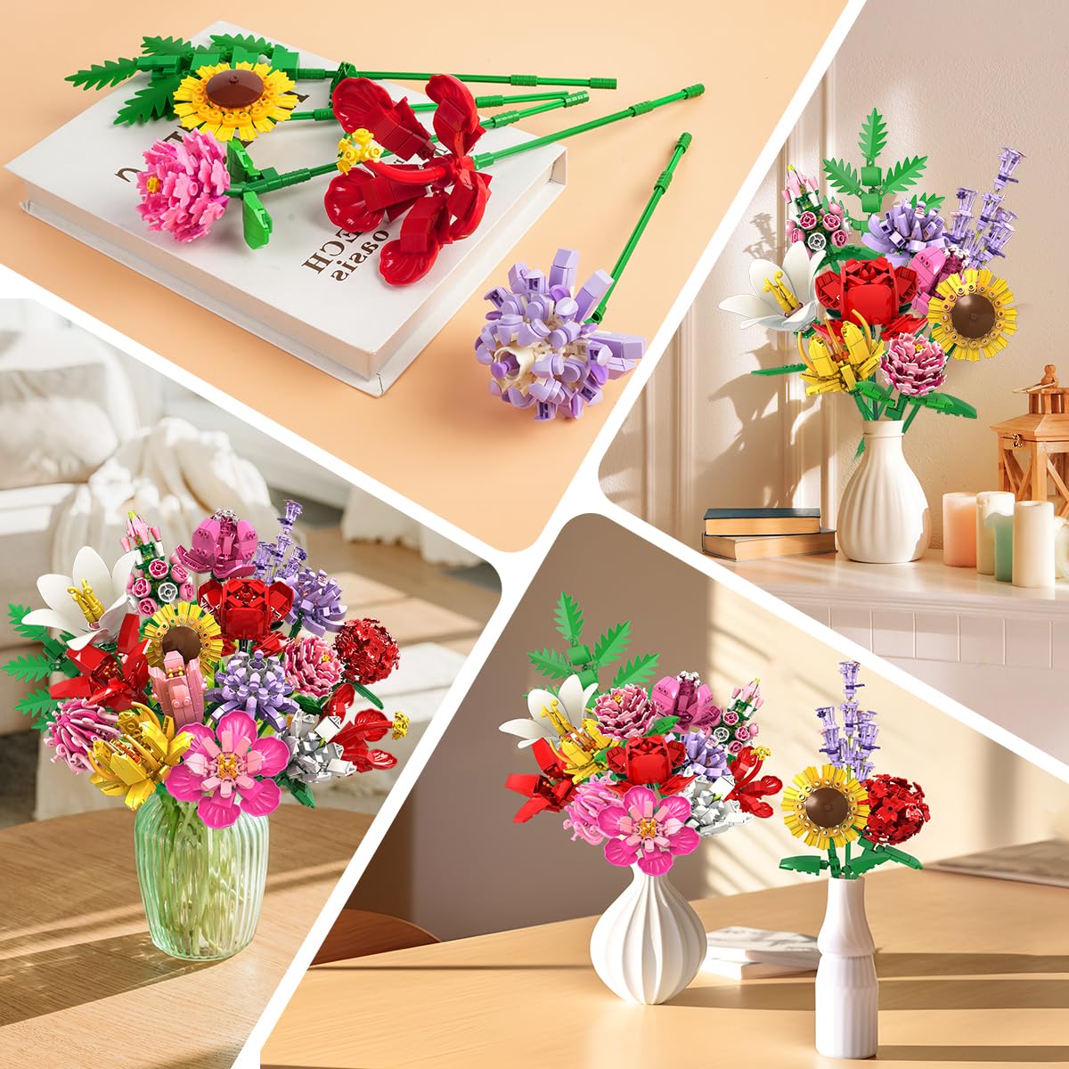 Flower Bouquet Building Set, Valentines Day Botanical Building Block Toy 1464 PCS, 18 Flowers Rose Sunflower Home Plant Decor, Birthday Gifts For Adults Women Boys Girls