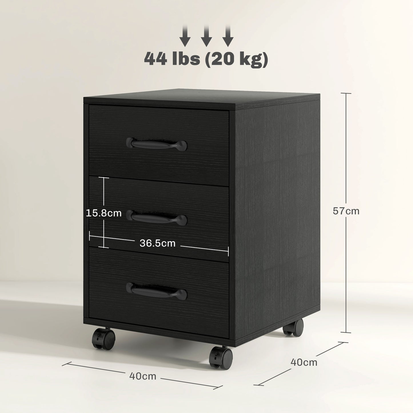 3 Drawer File Cabinet, Mobile Filing Cabinet On Wheels For Home Office, Study, Black