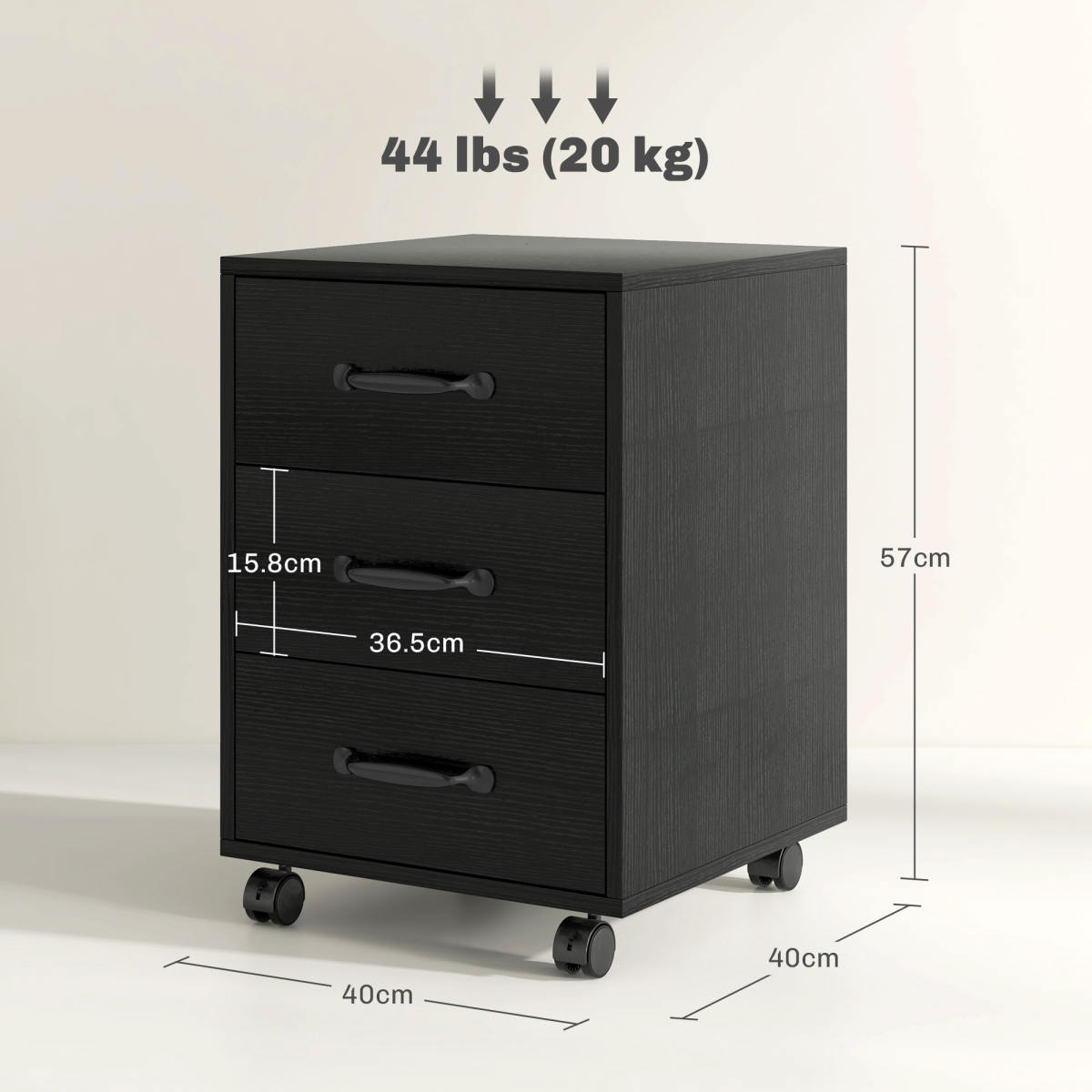3 Drawer File Cabinet, Mobile Filing Cabinet On Wheels For Home Office, Study, Black