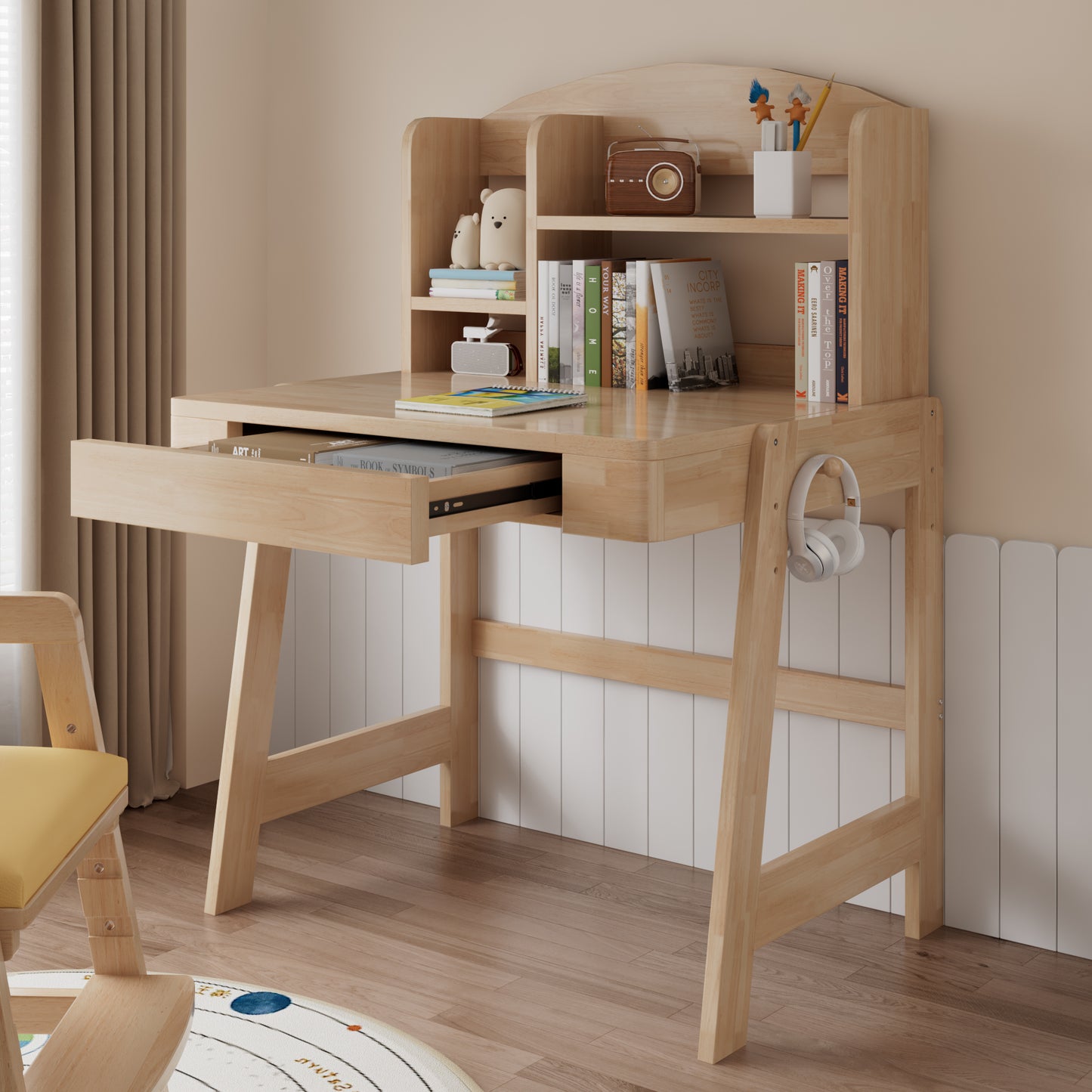 Children's Table, Height-adjustable Solid Wood Children's Desk, Natural Colours, With Drawer, Storage Space & Hooks, Safety Certified, For Children Aged 6 And Over