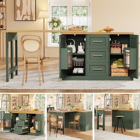 Extendable Sideboard & Table Combo, 120-197cm Adjustable Dining Table With Storage, 3 Drawers & Snack Racks, Space-Saving Kitchen Island For Small Flats, White Antique Green