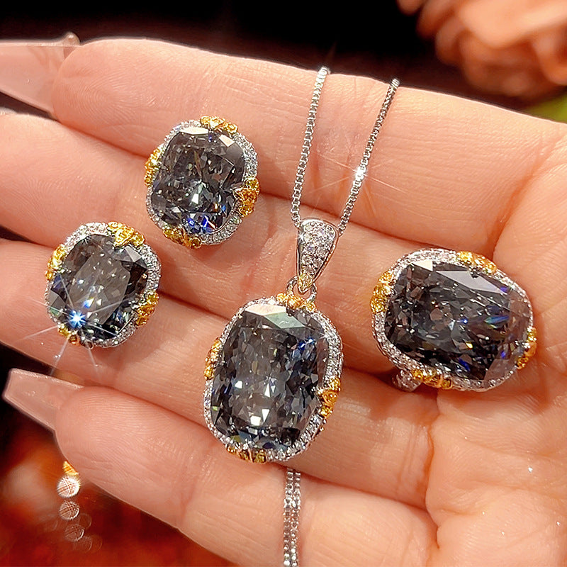 Women Smoky Tone Cubic Zirconia Jewelry Set, 3Pcs Cushion Cut Halo Inlaid Pendant Necklace Stud Earrings Adjustable Ring, European American Cool Tone Premium Accessories