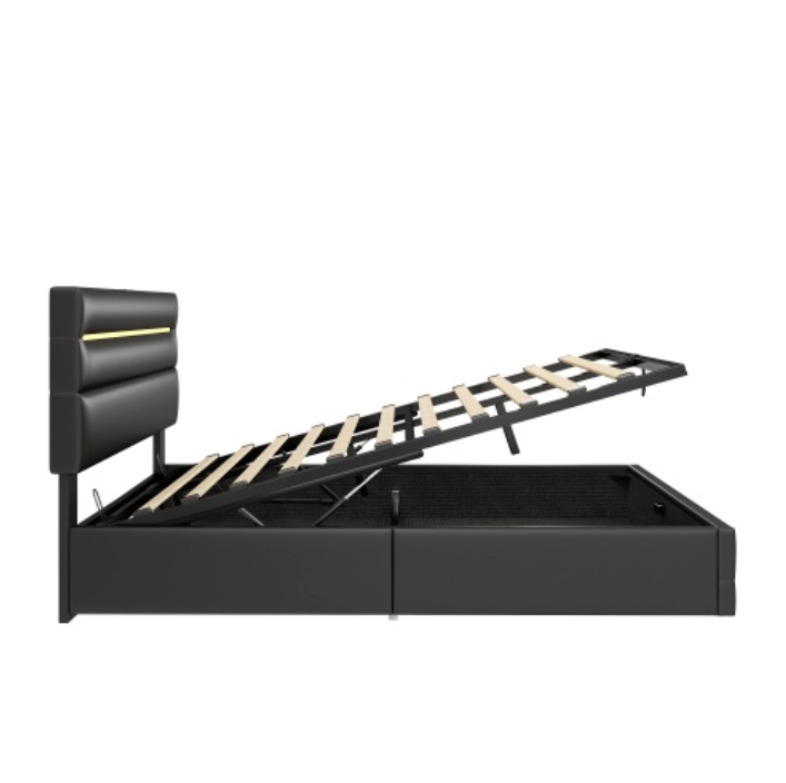 5ft King Upholstered Bed Frame With Hydraulic Storage, PU Ottoman Bed With LED Lighting And Charging Station, LED Adjustable Headboard With USB And Type - C Ports, Black