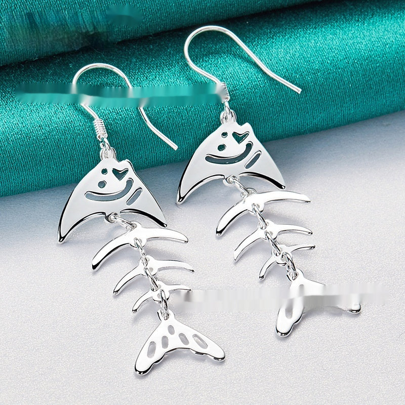 Silver Jewelry Fish Bone Hollow Earrings Womens Accessories