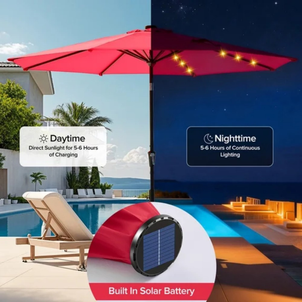 10 Ft Patio Umbrella For Table, Outdoor Sun Umbrella With 32 LED Solar Lights, Red