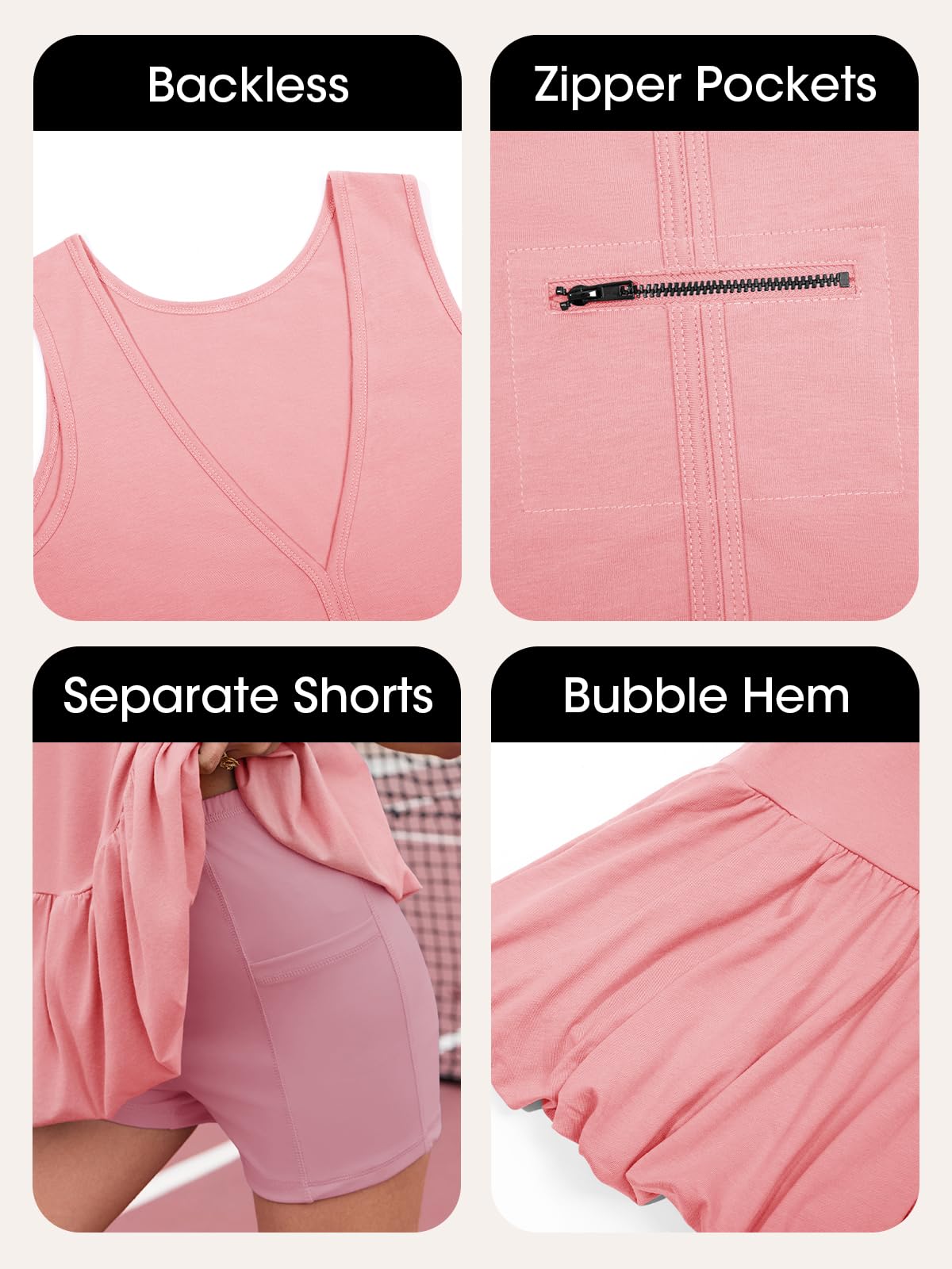 Fisoew Womens Athletic Dresses With Shorts & Pockets Backless Tennis Golf Mini Dress Bubble Hem Workout Active Outfits