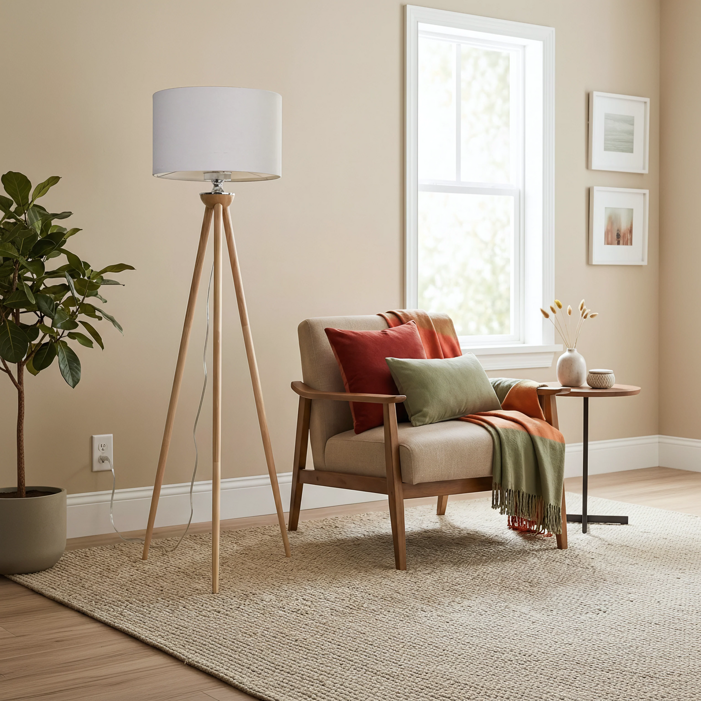Tall Corner Floor Lamp, Energy Efficient LED Standing Light For Living Room, Bedroom & Office Space Illumination Lirios Three Legged Wooden Strip Floor Lamp - Natural 110V