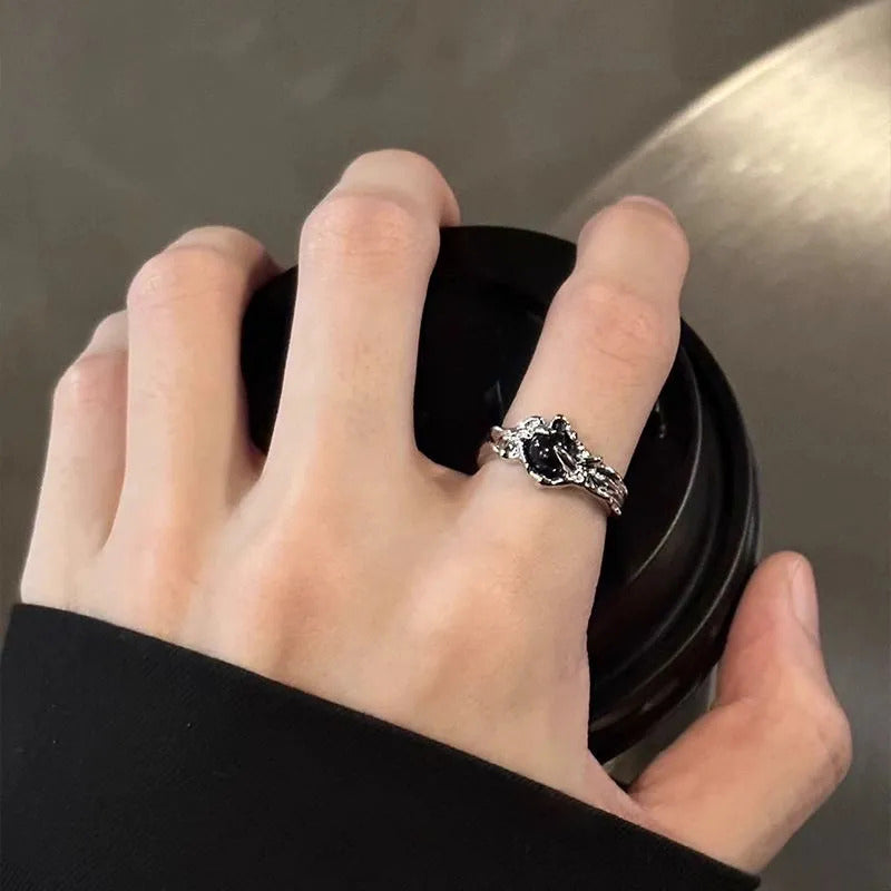 1pc Irregular Lava Black Stone Split Open Matching Rings, Dark Indie Aesthetic Style, For Men Women Street Daily Wear & Couple Valentine Gifts