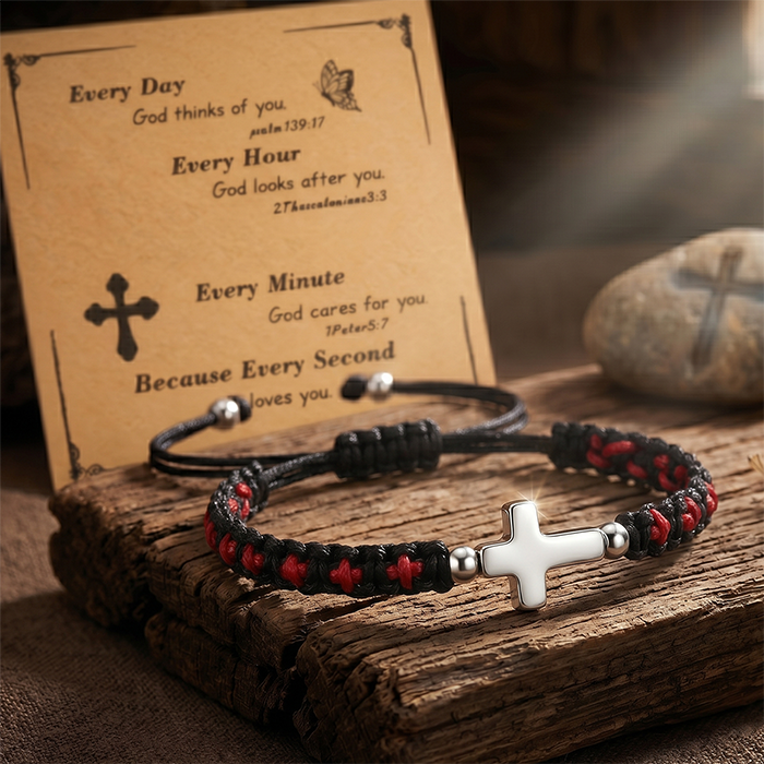 Handmade Braided Cross Bracelet For Men Women, Stainless Steel Religious Protection Bracelet, Adjustable Nylon Cord Christian Gift With Scripture Card
