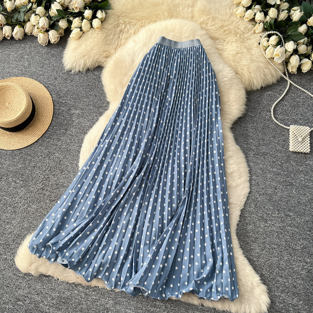Korean-style Mid-length Polka-dot Pleated Skirt Elegant Midi Skirt