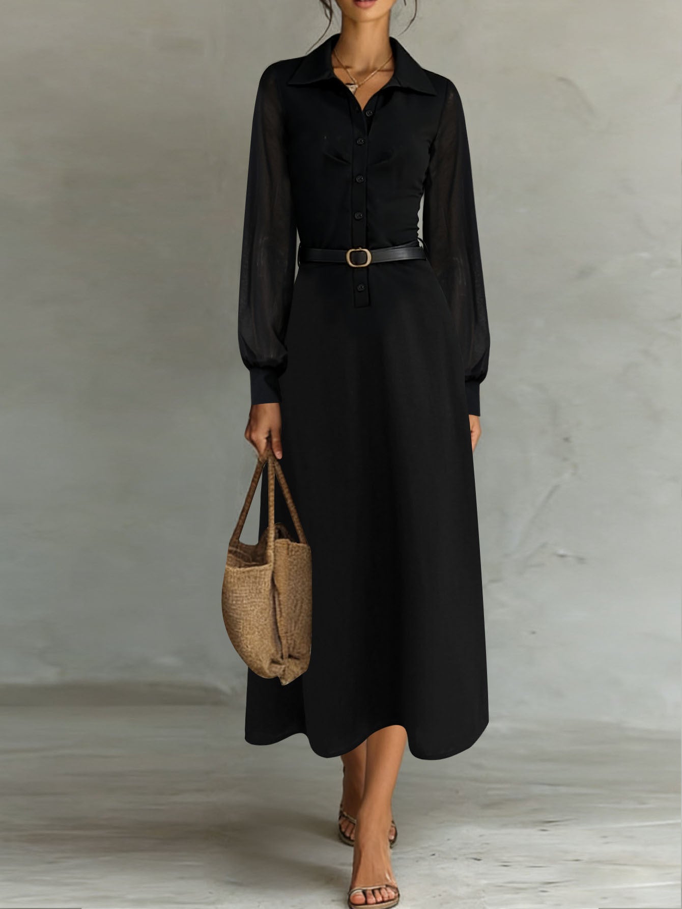 Women's Collared Neck Sheer Puff Sleeve Button Front Belted Maxi Shirt Dress Elegant Office Wear Maxi Dress