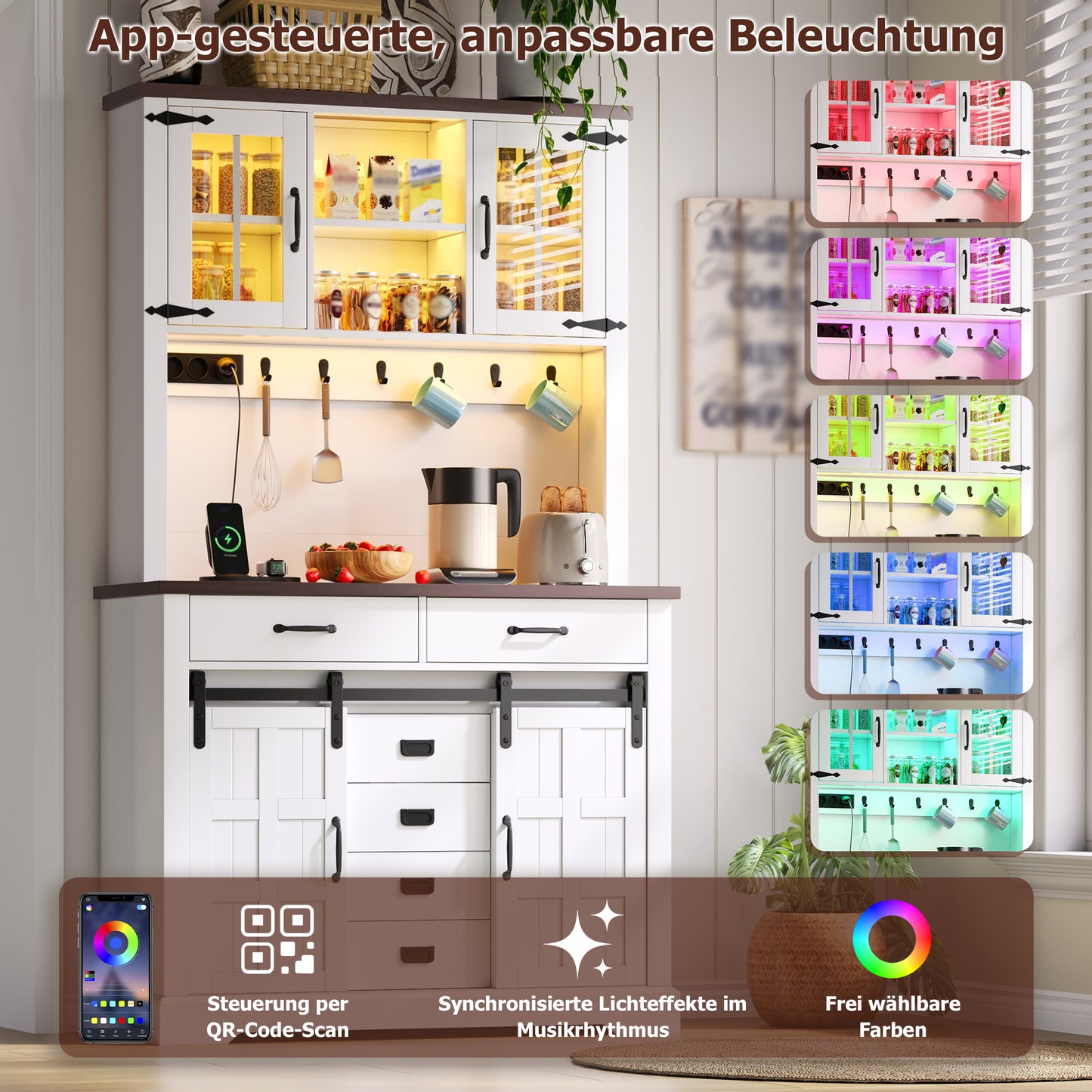 Kitchen Cabinet, Buffet Cabinet, Sideboard With Socket And LED Lighting, Kitchen Furniture With Worktop, 6 Drawers, Adjustable Shelves, Hooks, 180 X108 X40 Cm, White