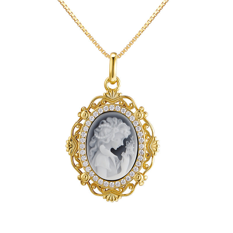 Thai-Style Ancient Cameo Relief Beauty Pendant Clavicle Necklace