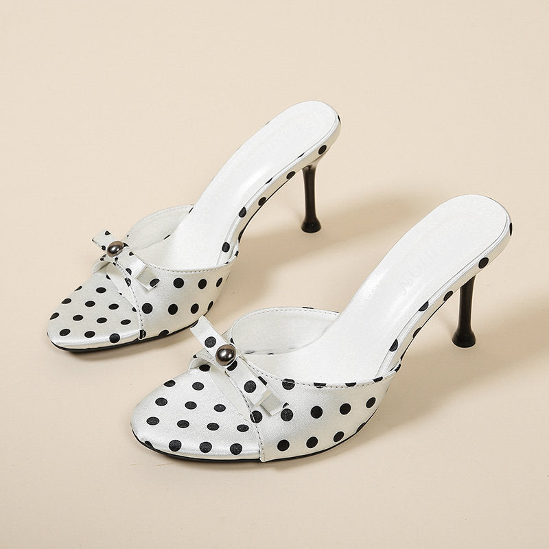 Women Plus Size Bow Polka Dot One Strap Heeled Slide Sandals, Elegant Open Toe Thin Heel Slip-on Summer Outdoor Dress Shoes