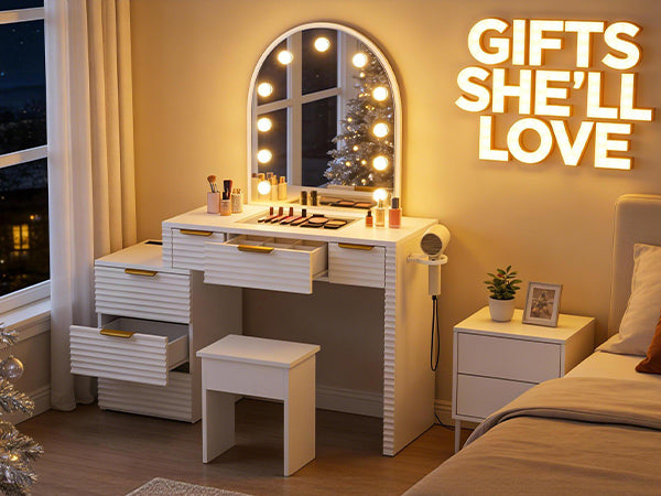 Makeup Vanity Desk With Mirror Lights Glass Tabletop 3 Lighting Modes Adjustable Vanity Table Modern Makeup Desk With Chair Power Outlet And 6 Drawers For Bedroom