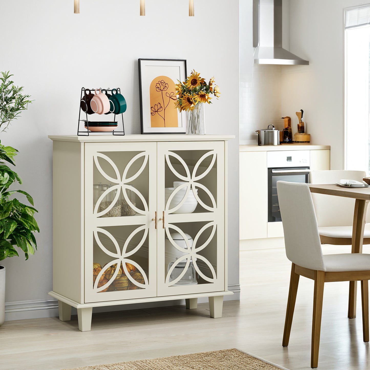 Sideboard With Adjustable Shelves, Freestanding Bathroom Cabinet With Hard Glass Doors, Modern Retro Kitchen Console Table, Decorative Storage Cabinet With Two Doors, Cream