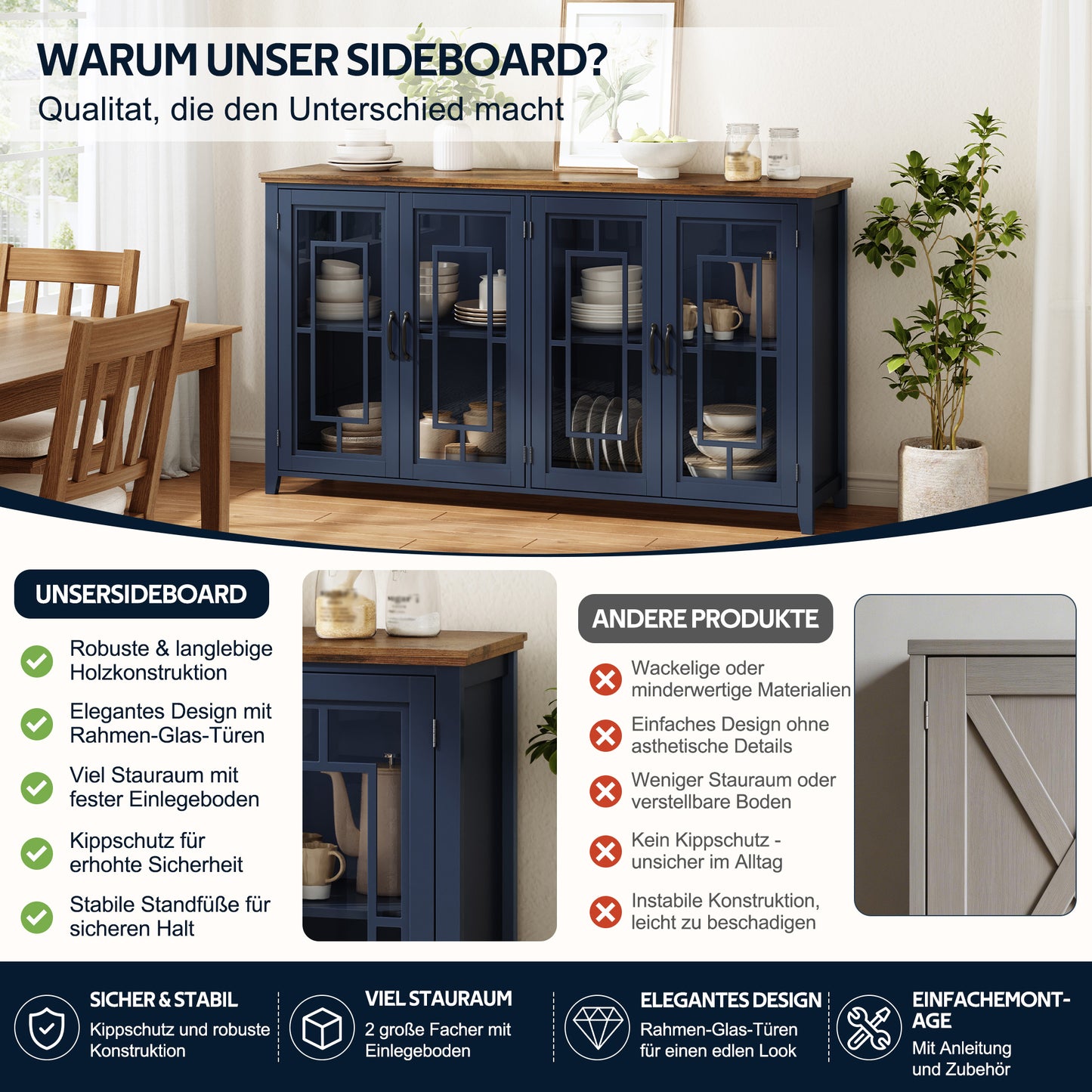160cm Wide Kitchen Sideboard With Glass Doors, A Spacious Storage Compartment, A Wood-look Worktop And An Anti-tilt Device.This Modern Sideboard Is Suitable For Kitchens, Dining Rooms And Living Rooms