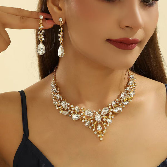 Cross-border Bestseller New Arrival Alloy Water Drop Bridal Jewelry Set, Women Short Clavicle Necklace & Stud Earrings Two-Piece Accessories