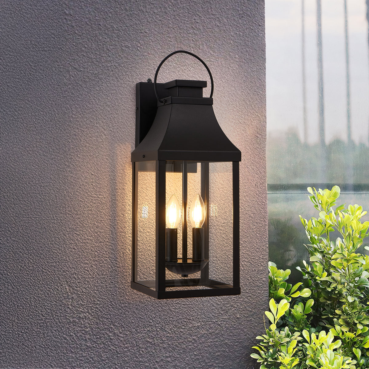20'' Dusk to Dawn Outdoor Wall Light, Large Black Outdoor Porch Light Waterproof Patio Lanterns, Exterior Wall Mount Lighting Fixtures, 2-Light Outside Garage Sconces for House Front, 1-Pack
