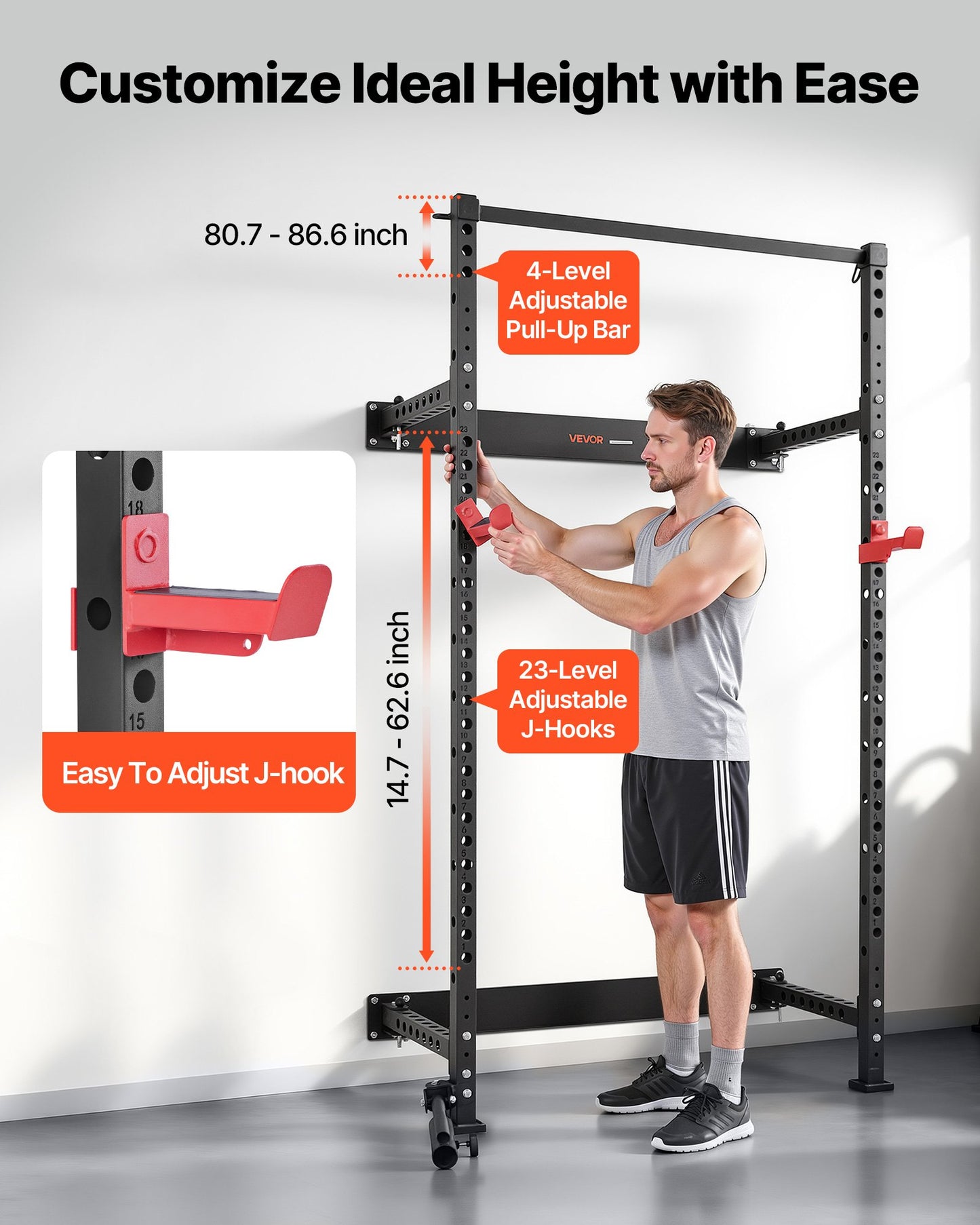Folding Power Cage, Wall-Mounted Power Rack Squat Rack, Multifunctional Strength Training Workout Equipment With Landmine Holder, Adjustable J-Hooks & Pull-Up Bar For Home Gym, 1000LBS Capacity