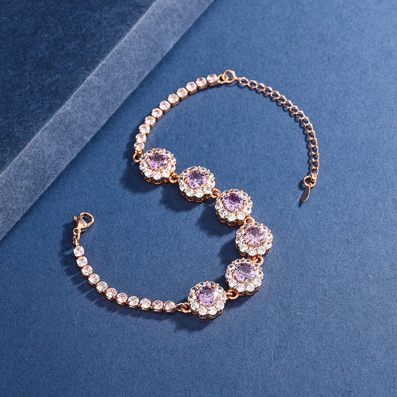 Purple Round Zircon Bracelet Sweet Cool Style Luxury Bangle Niche Exquisite Premium Wrist Jewelry For Women