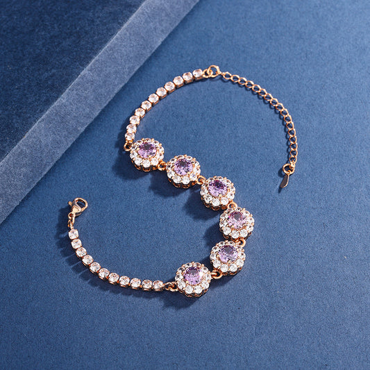 Purple Round Zircon Bracelet Sweet Cool Style Luxury Bangle Niche Exquisite Premium Wrist Jewelry For Women