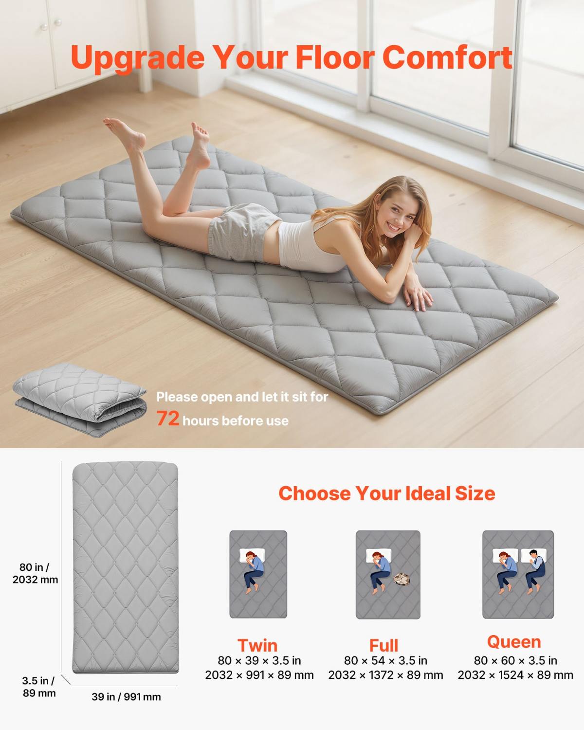 Japanese Tatami Mat, Twin Size Foldable Japanese Tatami Mattress, Futon Mattress With Storage Bag & Fastener, 9-Layer Floor Mat For Sleeping, Dormitory, Meditation, Yoga, 80 X 39 X 3.5 In, Gray