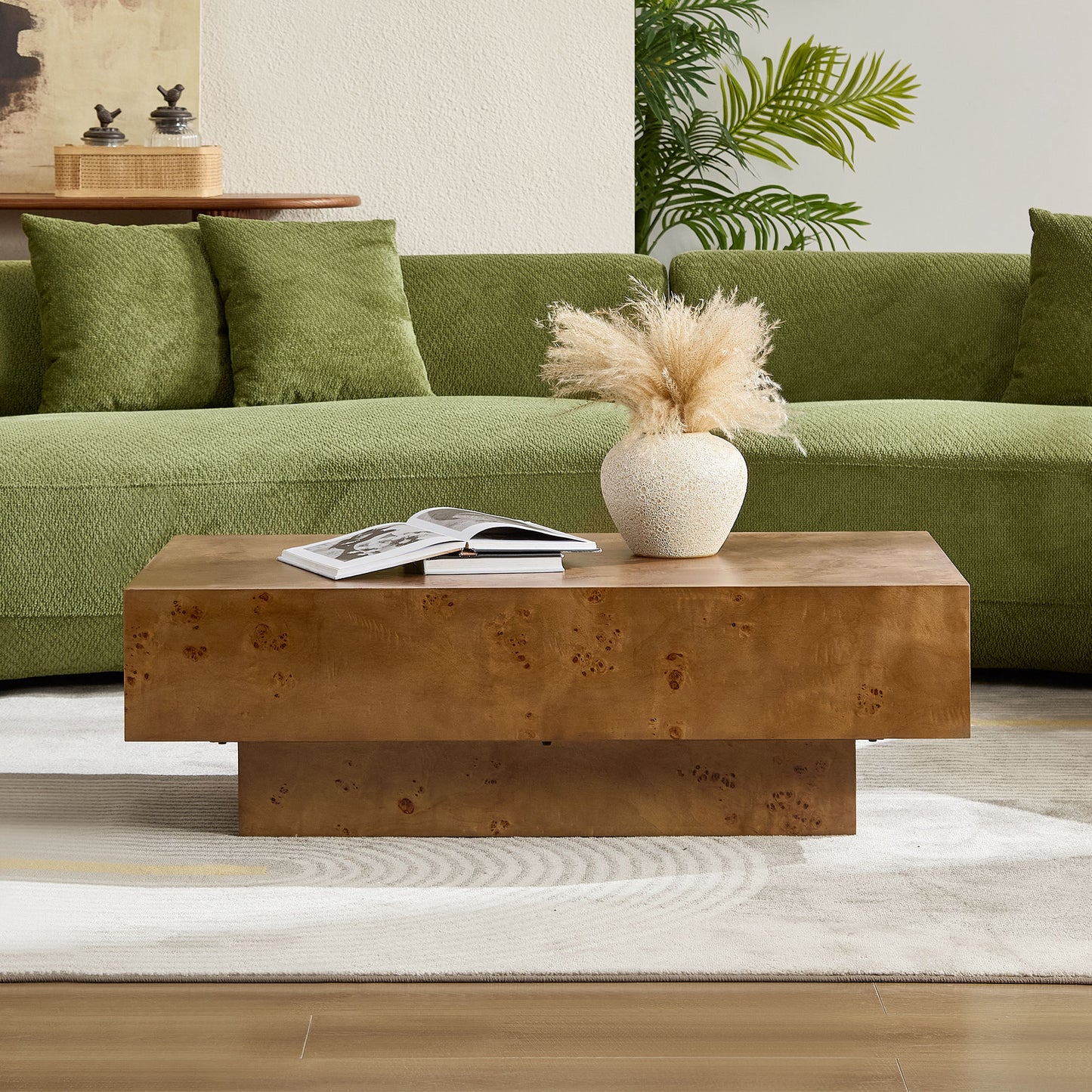 43.31 Inch Burl Wood Veneer Coffee Table,Rectangle Mid-Century Modern Table For Living Room,Coffee Table With Sturdy MDF Pedestal For Office,Apartment