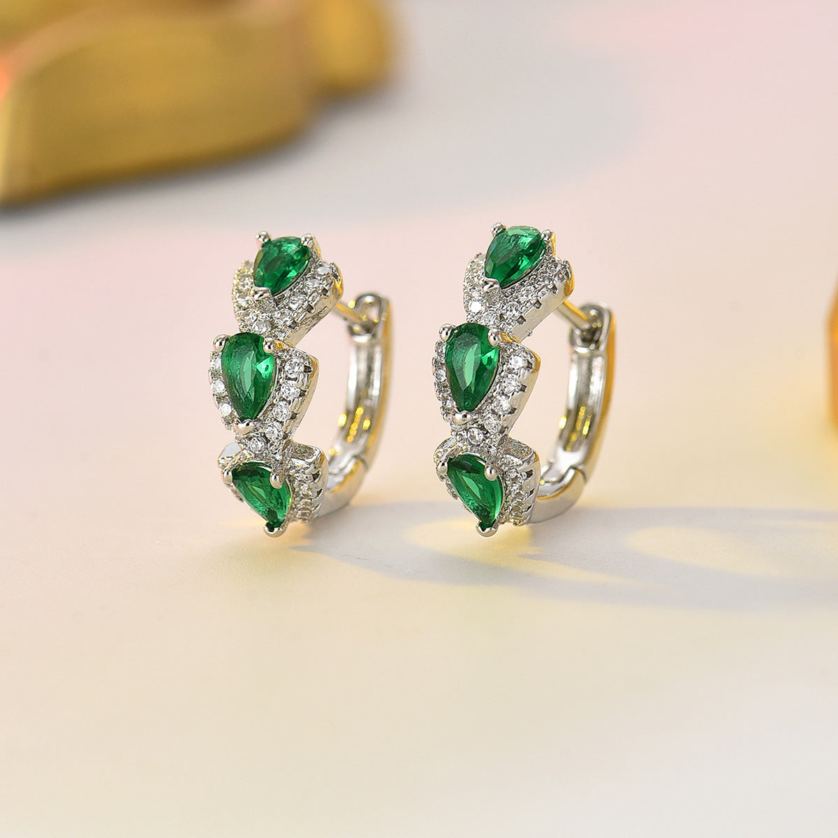 Cross-Border Hot Selling European American Earrings, Geometric Teardrop Hoop Ear Jewelry Inlaid Colorful Cubic Zirconia, Niche Light Luxury Women Ear Accessories