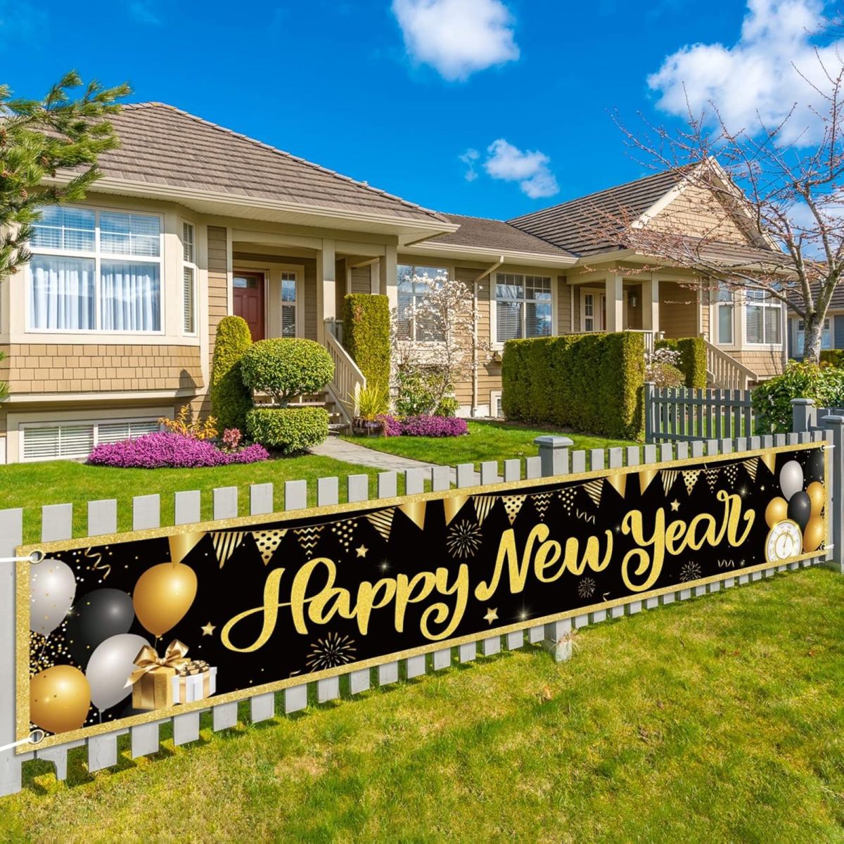 Happy New Year Banner, New Year's Eve Decoration, Extra-Long New Year's Banner, Black New Year's Banner, Hanging Decoration, 300x50cm, Outdoor, Indoor, Garden, Home