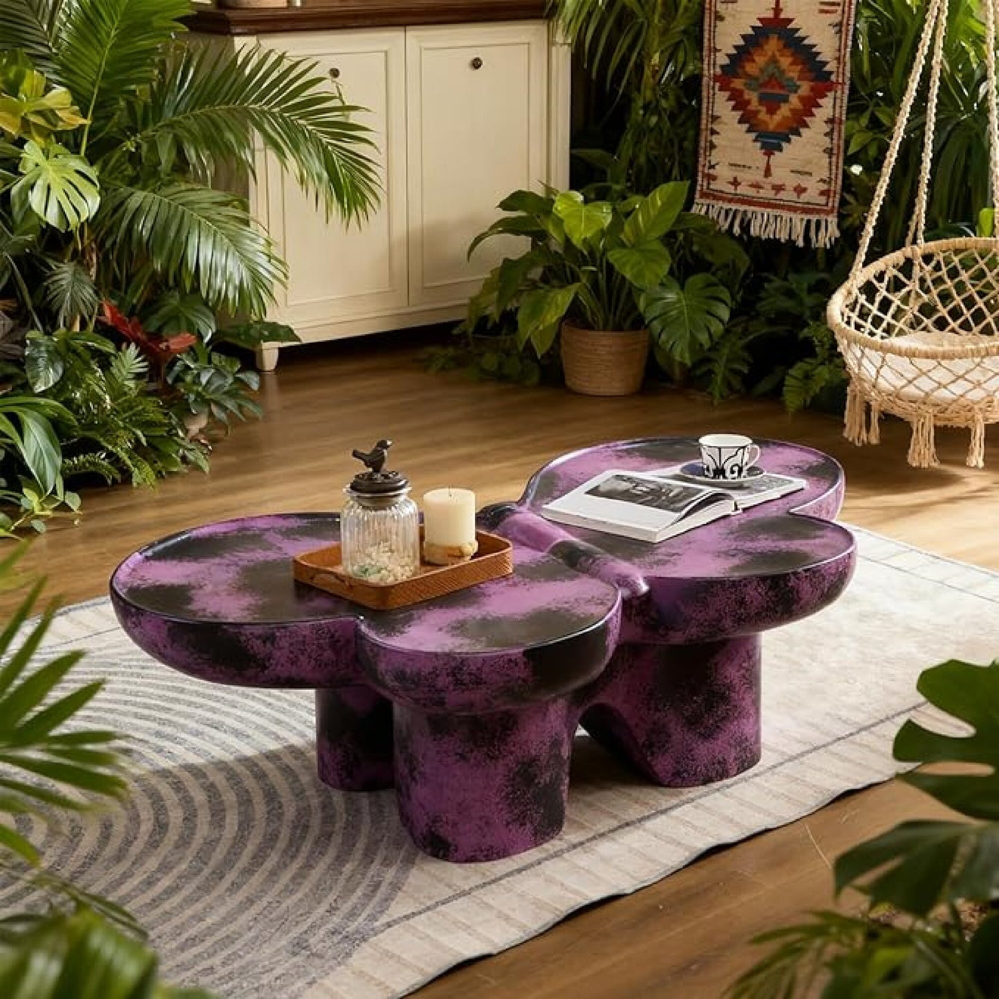 Modern Coffee Table Faux Travertine Textured For Livingroom Office,Purple    Black