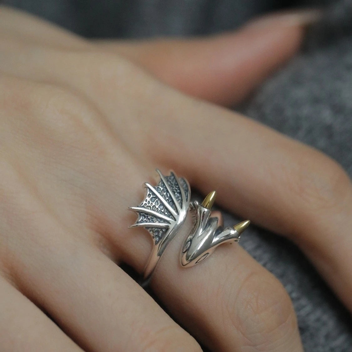 1pcs Two-Tone Vintage Dragon Wing Adjustable Open Ring, Dark Punk Gothic Style, For Daily Street Cosplay Wear & Men Women Unique Holiday Gifts